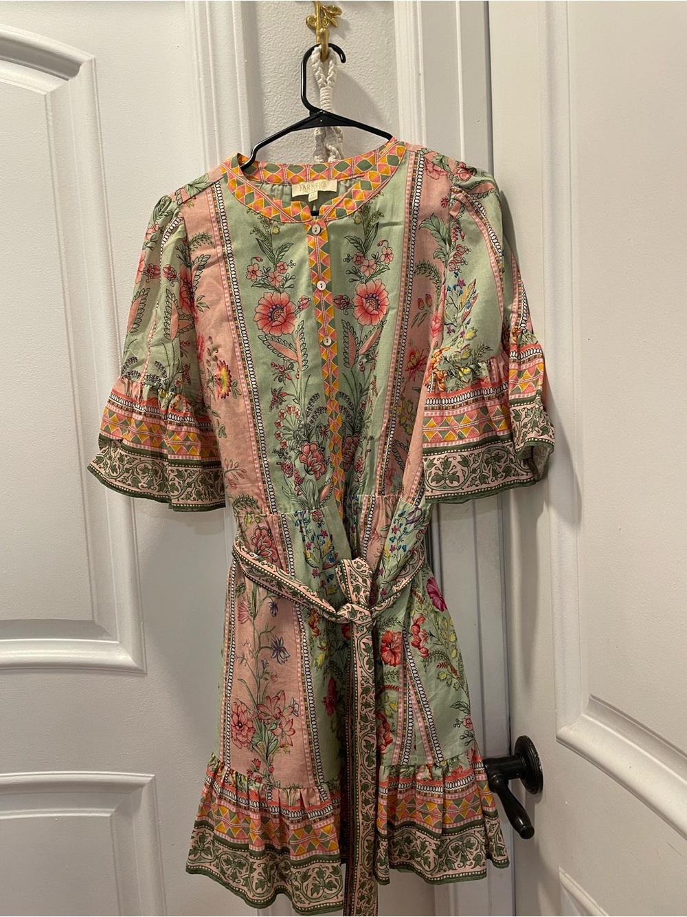 Farmers Market Boho Floral Tie-Waist Short Dress in Blush Pink and Sage Green